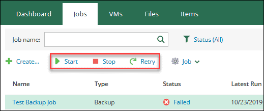 veeam self-service portal interface start, stop, retry job buttons
