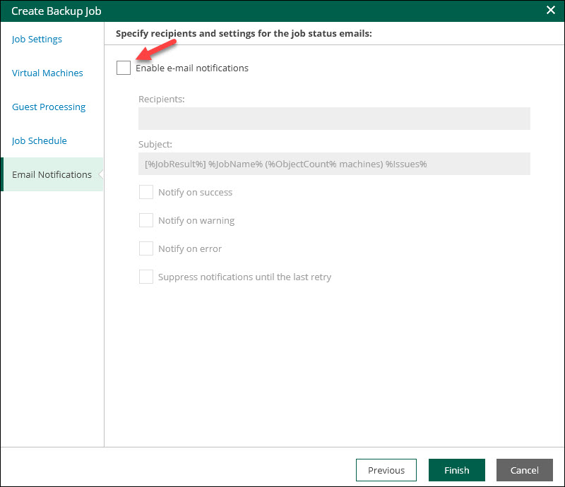 veeam self-service portal interface set email notifications