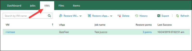 veeam self-service portal interface VMs section