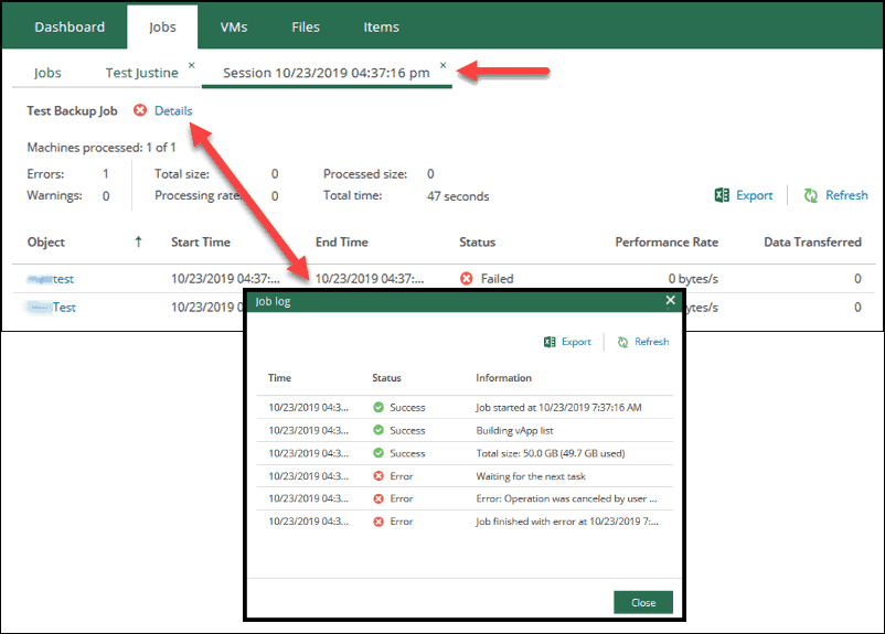veeam self-service portal interface session details screen