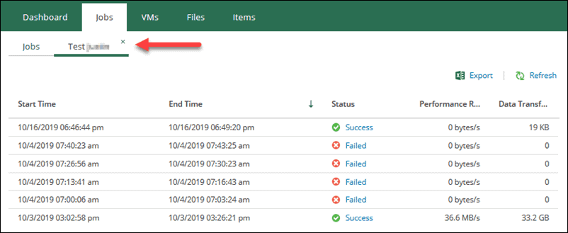veeam self-service portal interface job details screen