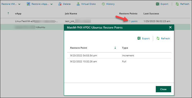 veeam self-service portal interface VM restore point screen