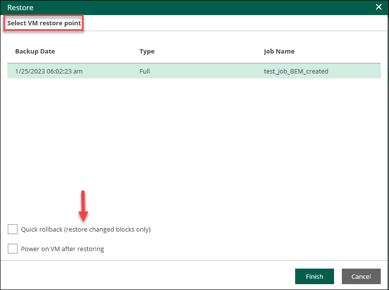 veeam self-service portal interface choose vm restore point