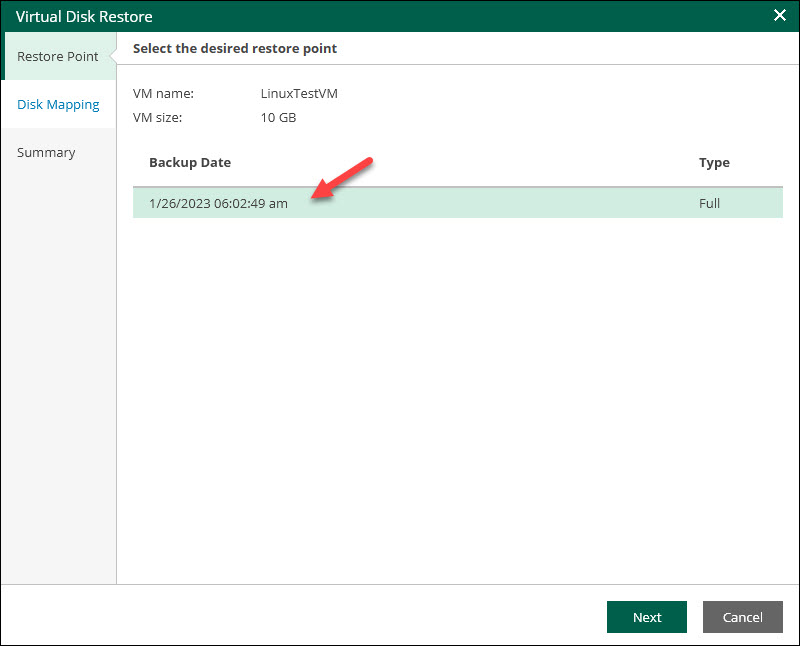 veeam self-service portal interface choose virtual disk restore point