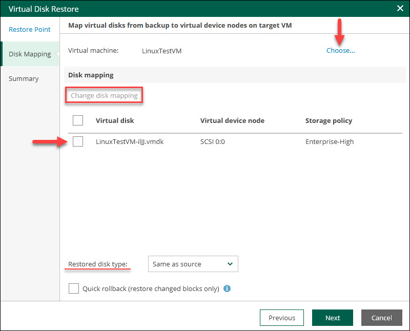 veeam self-service portal interface choose virtual disk mapping step