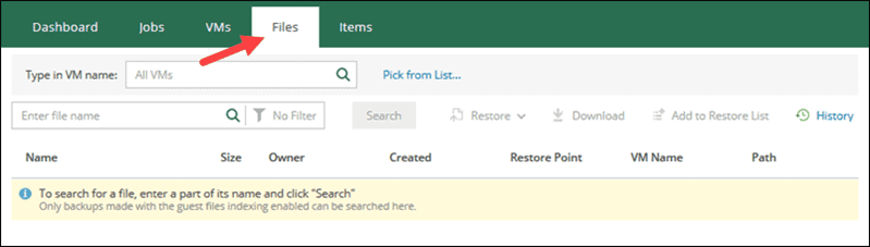 veeam self-service portal interface files section