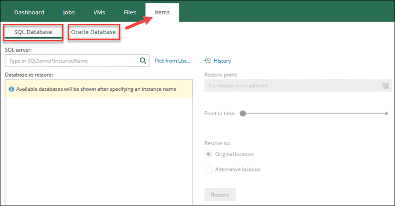veeam self-service portal interface items section