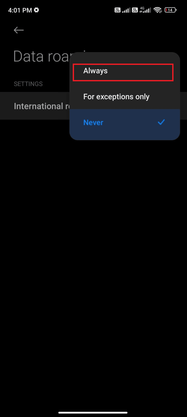 tap the box next to International roaming and set the option to Always 