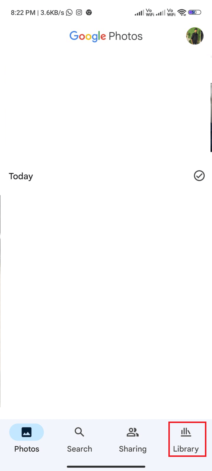 Launch the Google Photos app on your device and go to the Library
