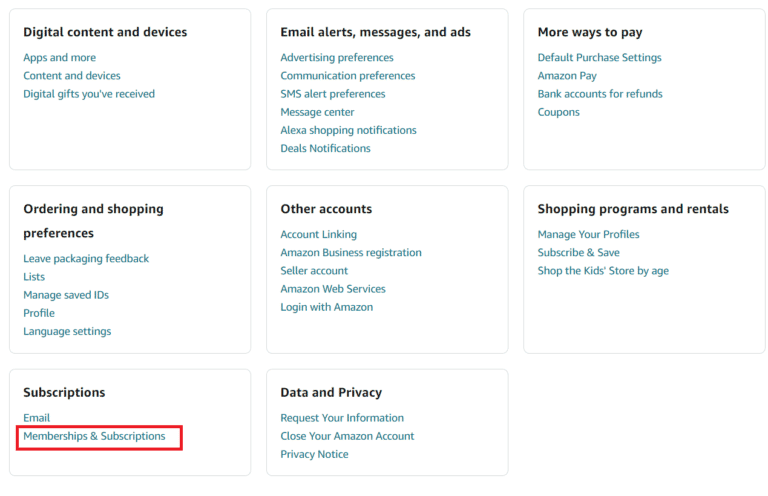 Scroll down and click on Memberships & Subscriptions under the Subscriptions section