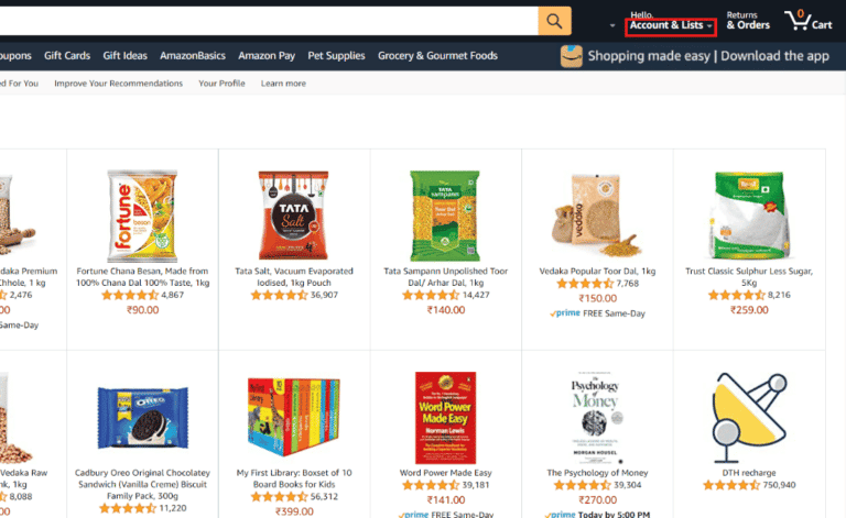 Click on Accounts and lists | How to Cancel Sling TV Through Amazon