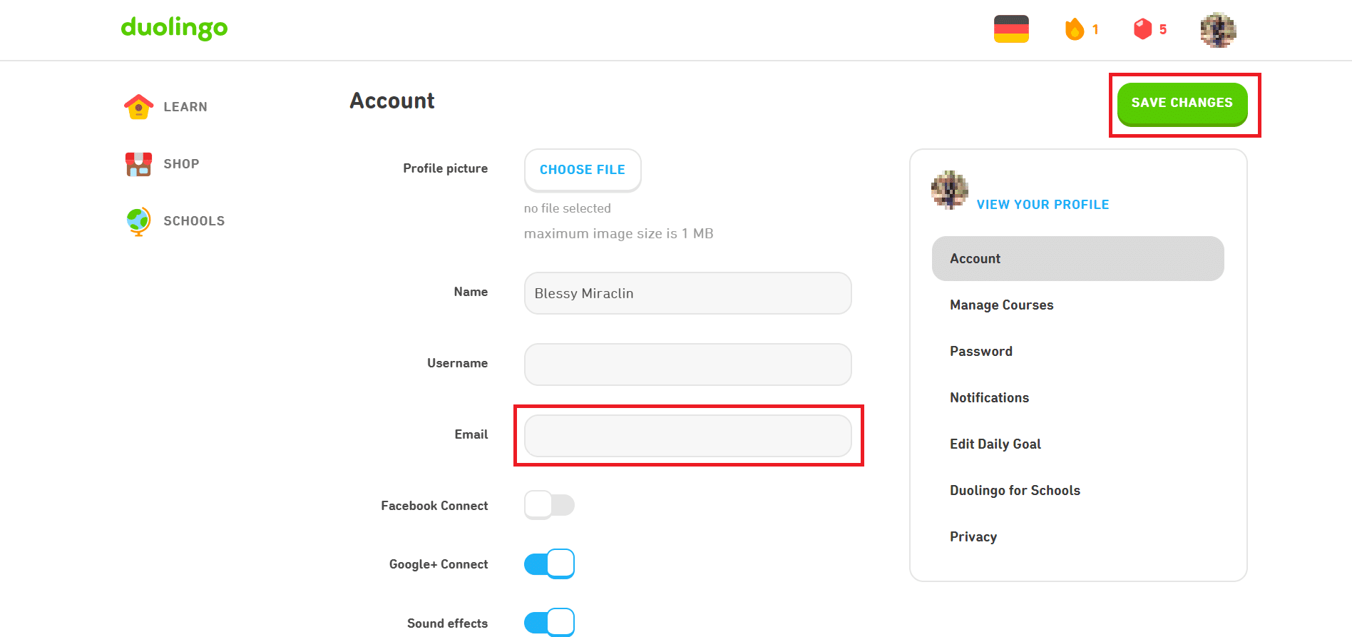 Enter the new email address and click on SAVE CHANGES