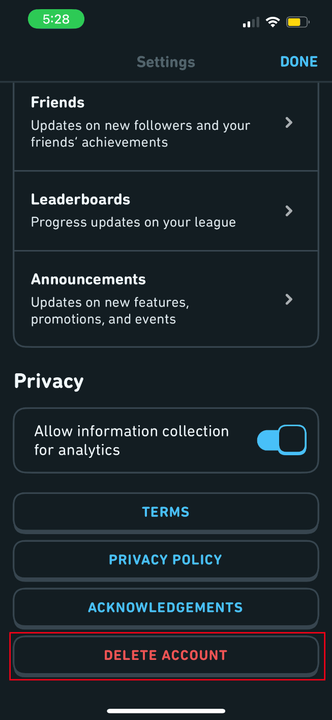 Swipe down and tap on DELETE ACCOUNT
