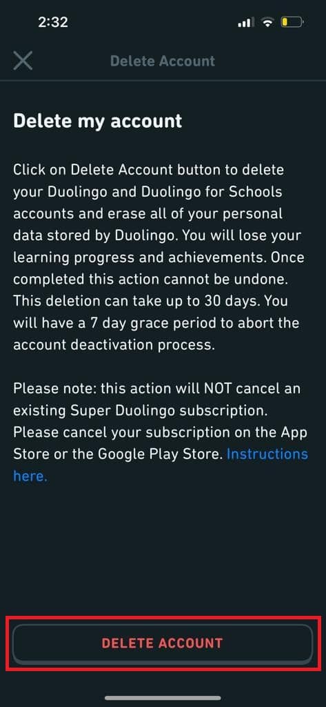 Again, tap on DELETE ACCOUNT to confirm | How to Delete Duolingo Account