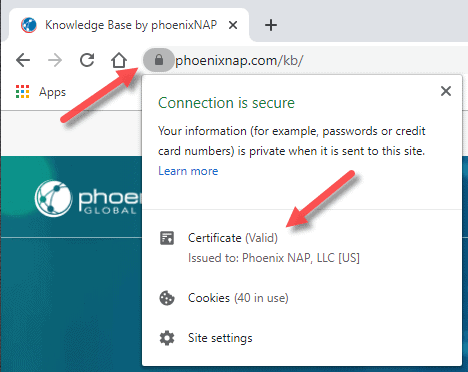 Verifying status of SSL certificate in Chrome to see if it is the cause of ERR_SSL_VERSION_OR_CIPHER_MISMATCH error.