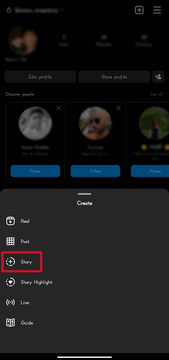 In the Create window, tap on the Story option | how to add your own GIF to Instagram story Android
