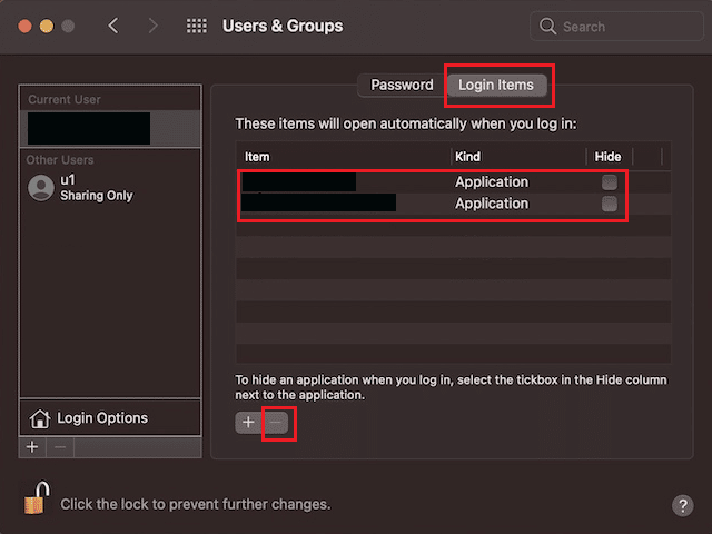 choose your username and navigate to the Login Items tab - desired startup item - minus (-) icon | How to Fix Kernel Panic Mac Error