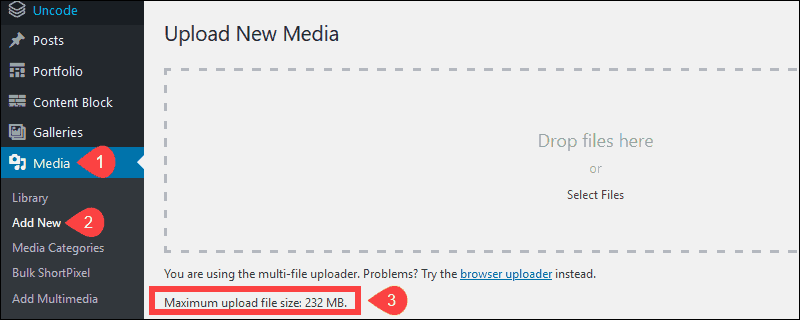 Image is an example of where to find the maximum file limit within your WordPress dashboard.