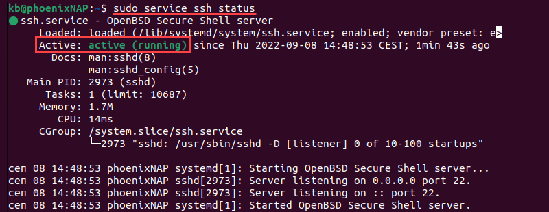 sudo service ssh status terminal output
