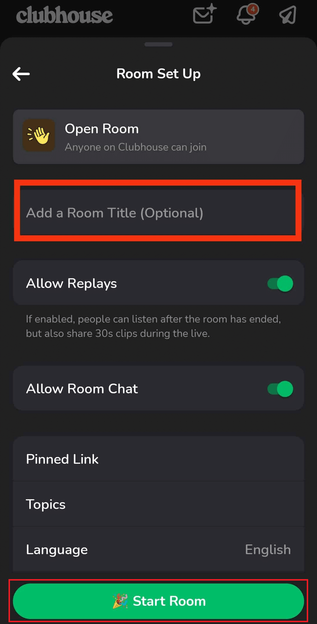 enter the Room Title and tap on Start Room