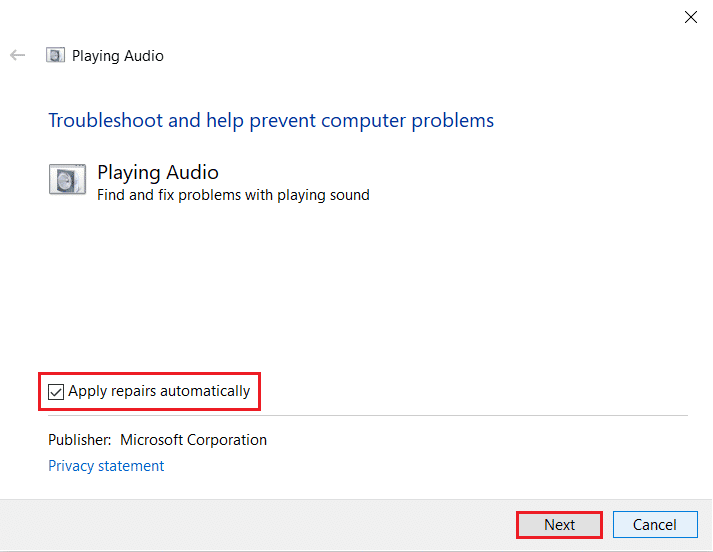 check the Apply repairs automatically option and click on Next button in Playing Audio troubleshooter | AirPods mic not working on Zoom on Mac