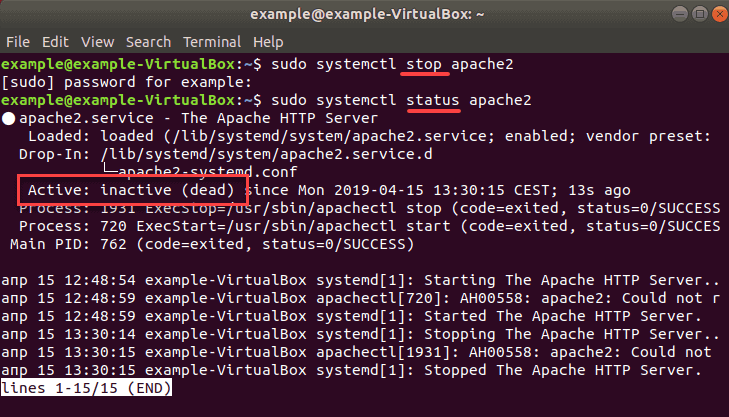 inactive message on apache web server after being stopped