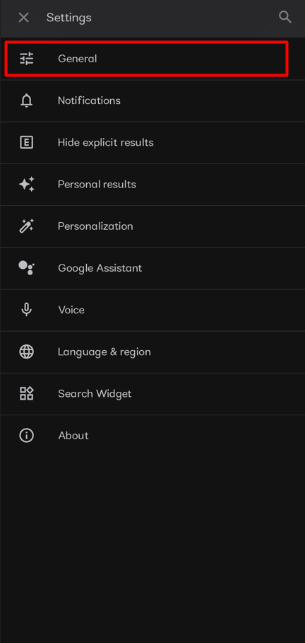  Select General from the menu.