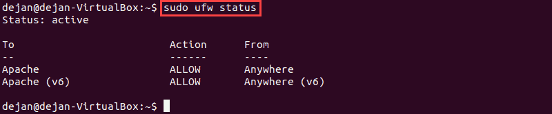 Check UFW status and verify that Apache traffic is allowed.