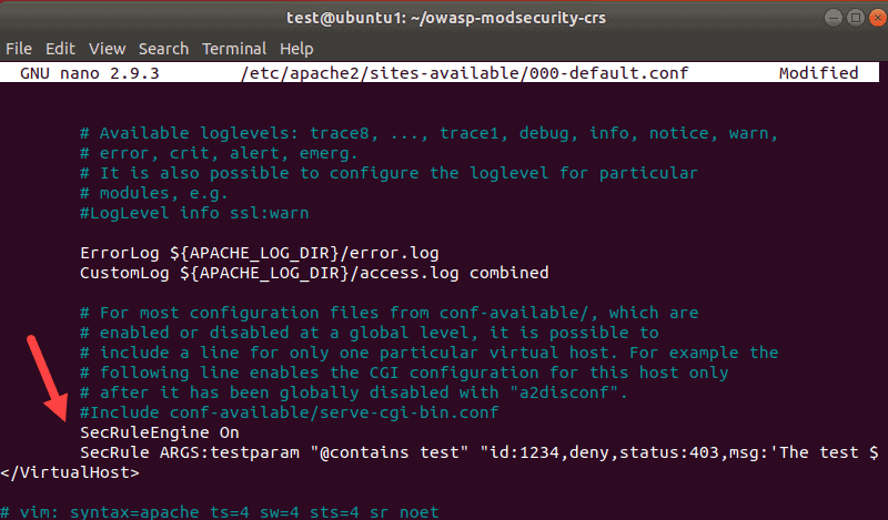 Nano editor showing the apache configuration file.
