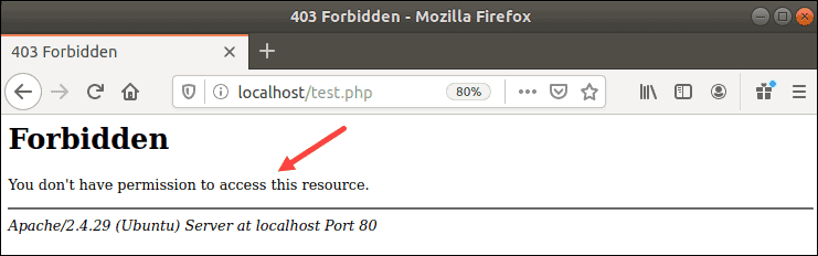 A browser window showing forbidden message after testing a form.