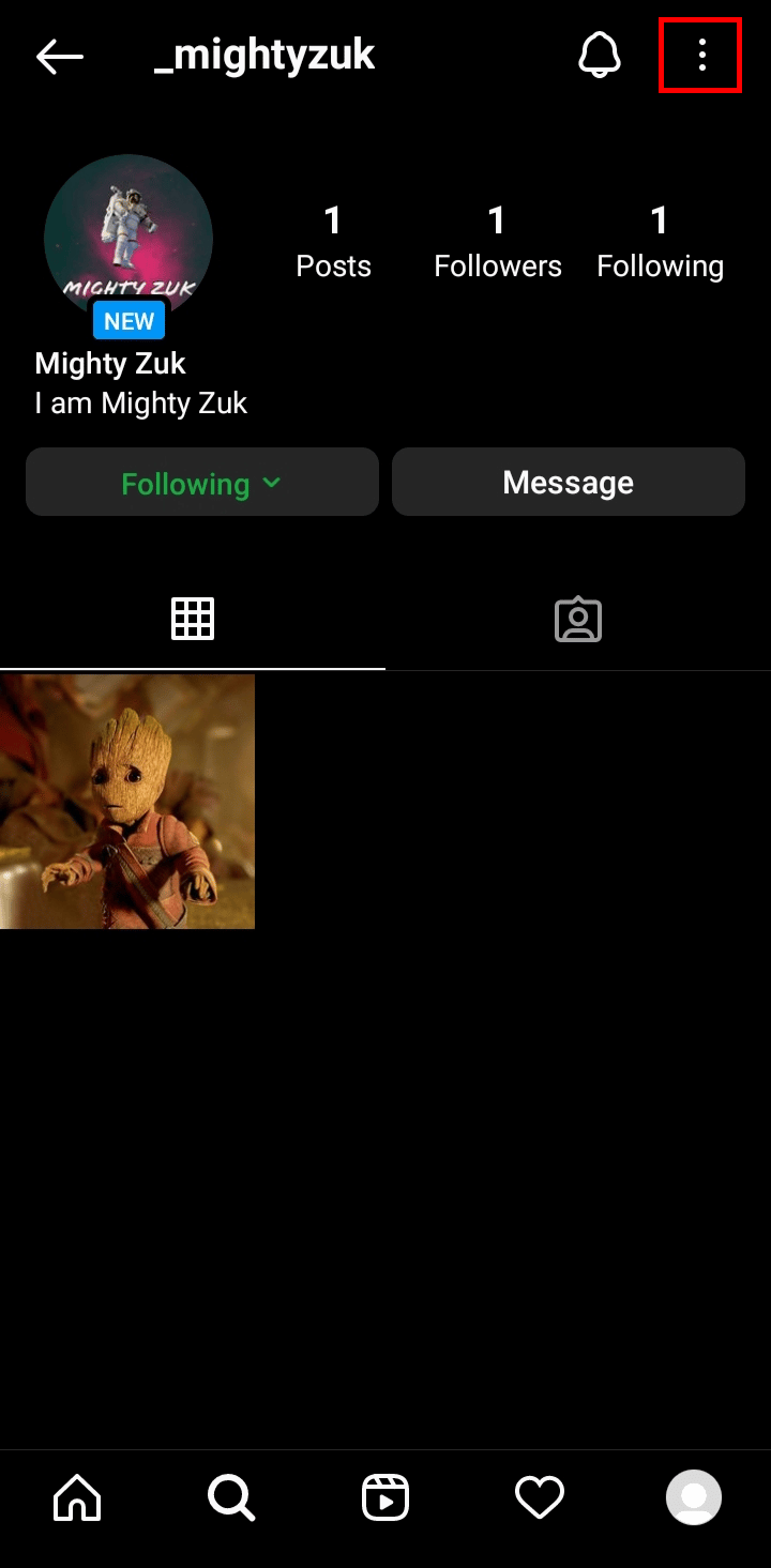 Tap on the three vertical dot icon at the top right corner of the screen. | How to Copy Your Instagram Profile Link from App