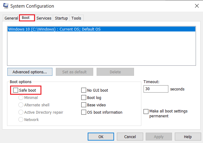 Go to Boot tab and Select Safe boot. Fix a fatal Javascript error occurred when installing Windows client