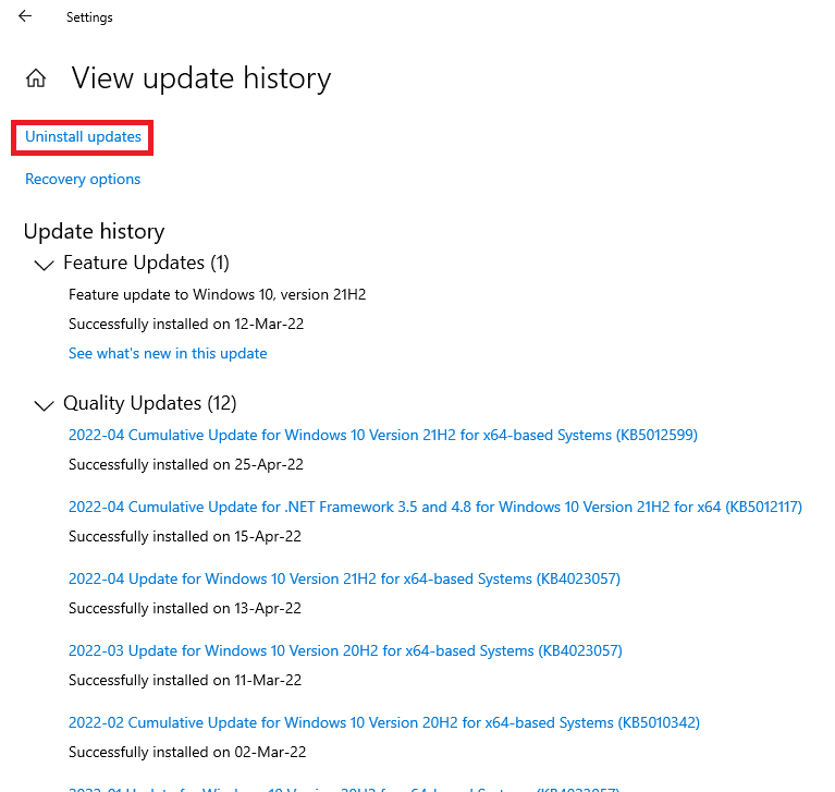 Click on the Uninstall updates option