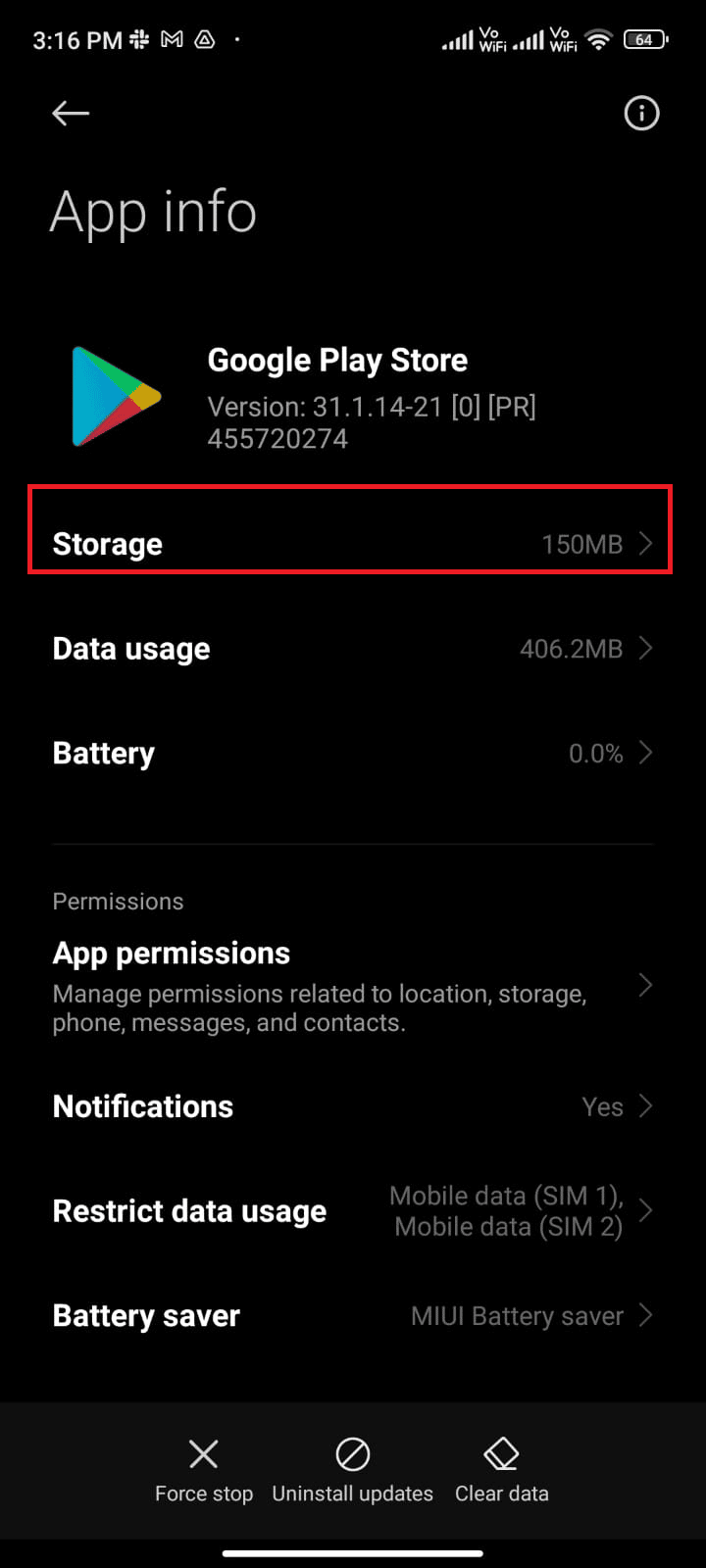 tap on Storage. Fix Google Play Store Error Code 403