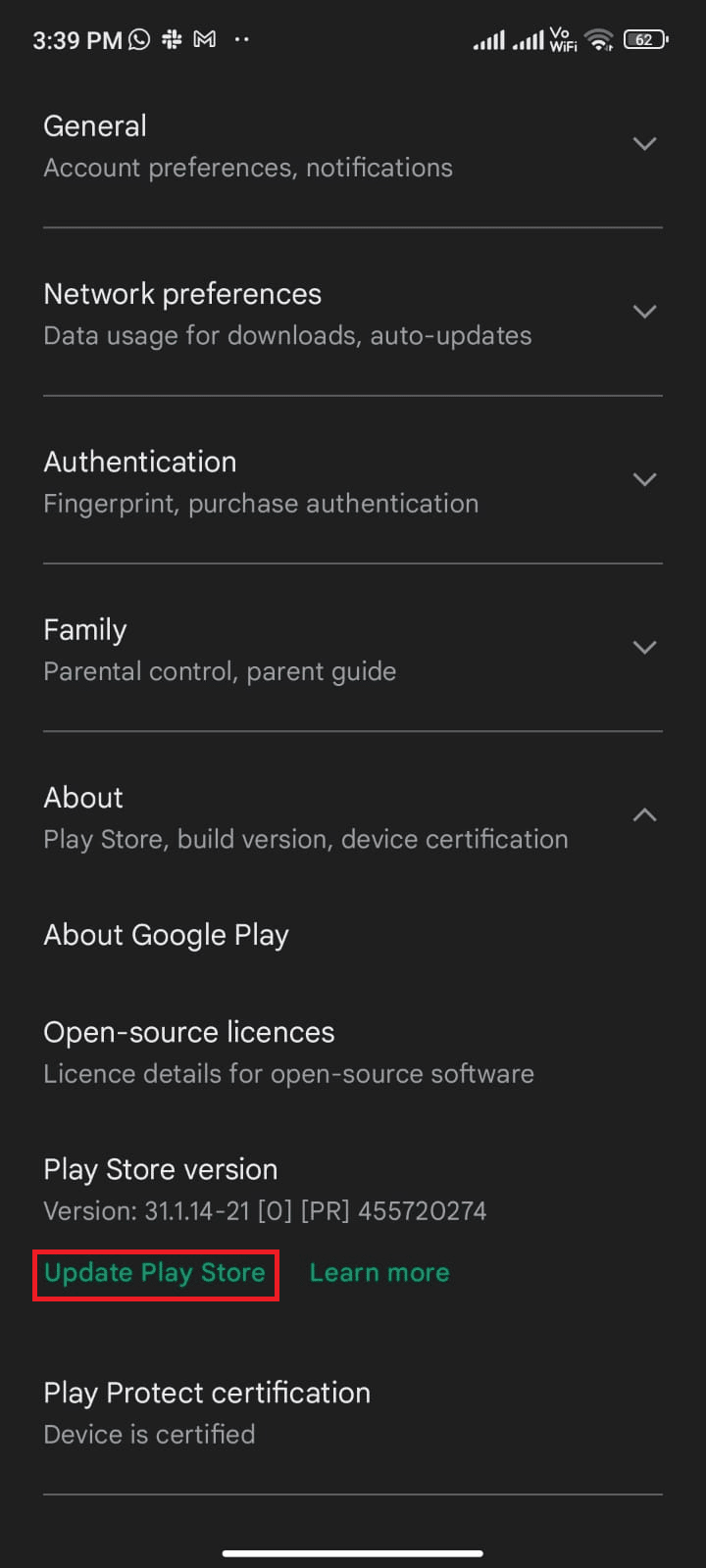 tap Update Play Store 