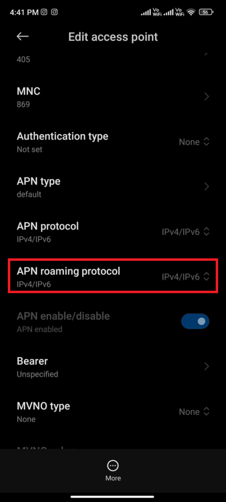 scroll down and tap on APN roaming protocol