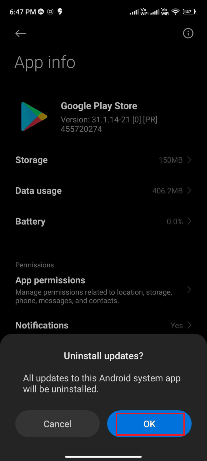 confirm the prompt by tapping OK