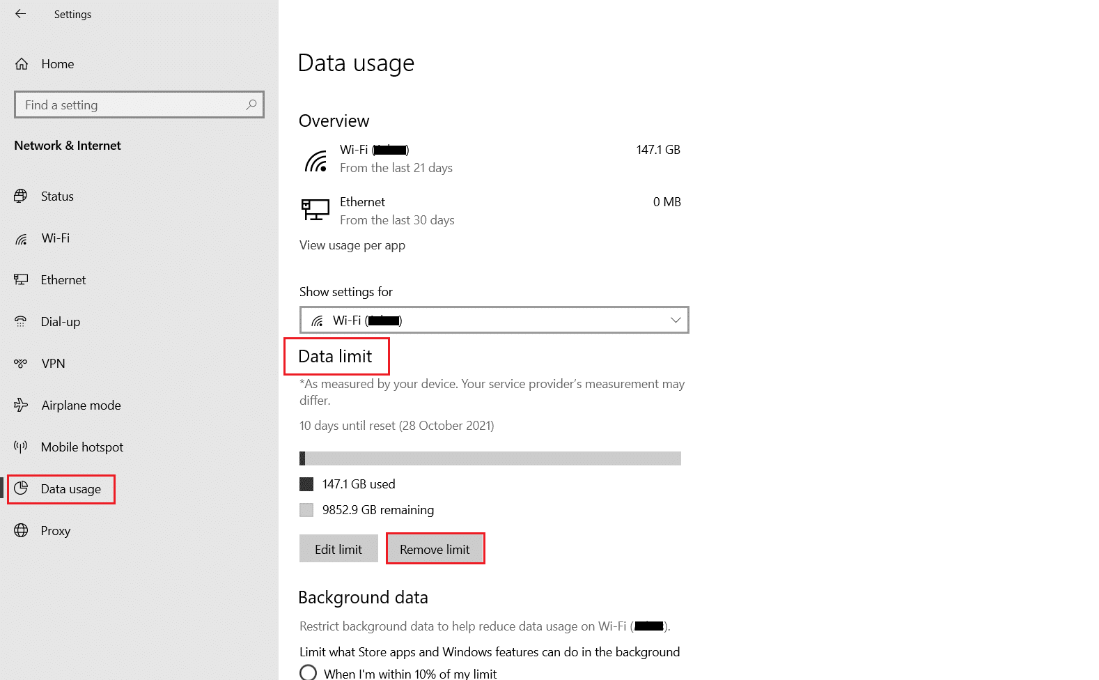 click on remove in Data limit section at Data usage menu to remove data limit