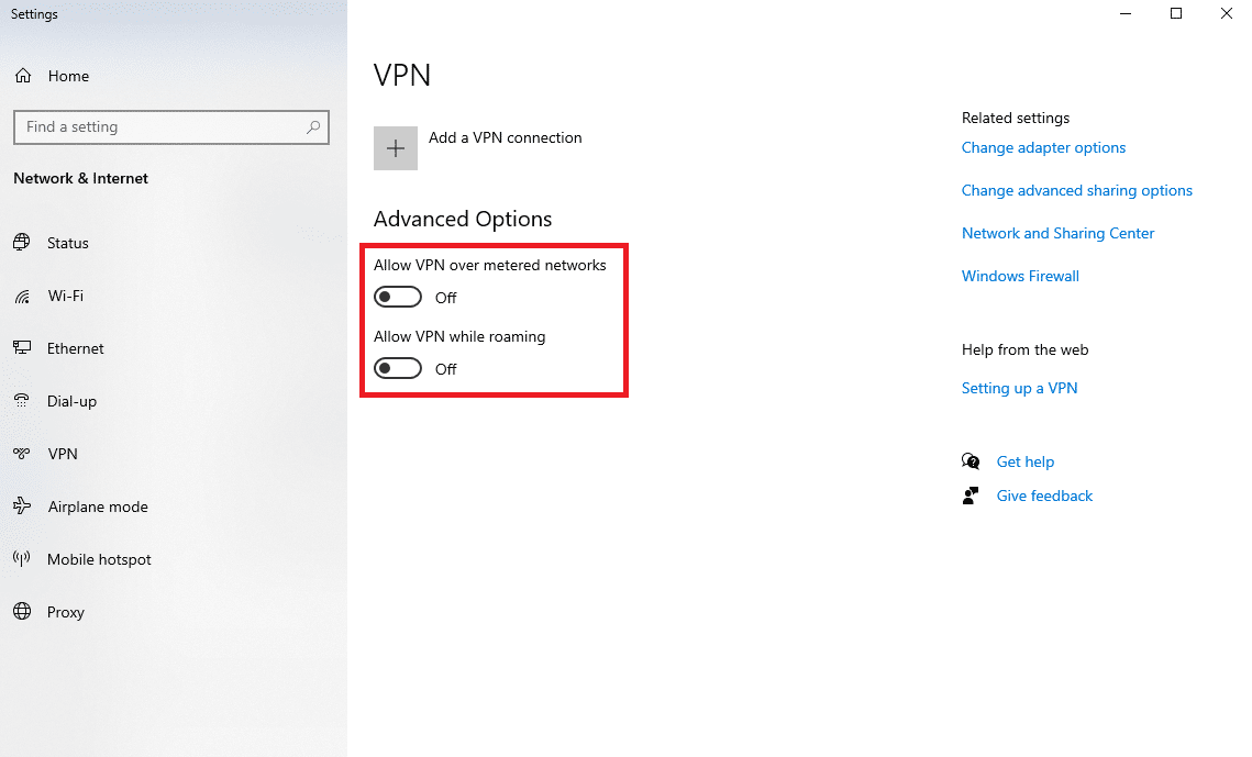 turn off Allow VPN over metered networks and Allow VPN while roaming 
