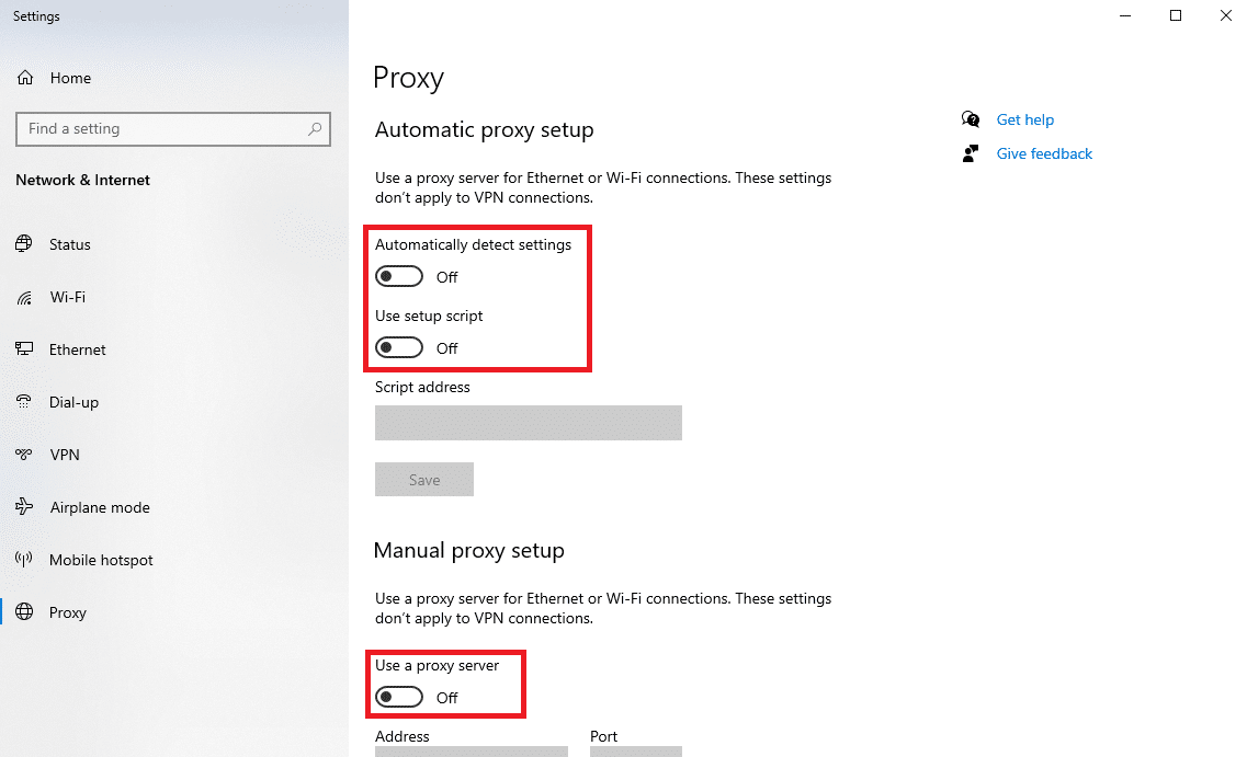 Automatically detect settings Use setup script Use a proxy server 