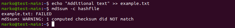 Validating a file using a file containing its hash value, failure detected