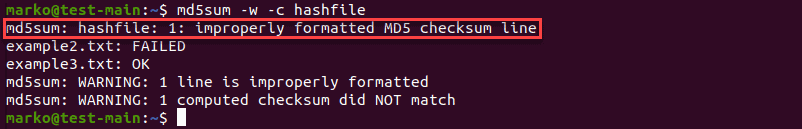 Using the -w option to display which line has an invalid hash