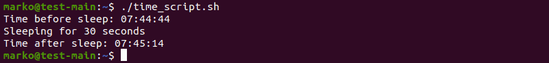 Output of a script that shows the current time at the beginning and end of the execution