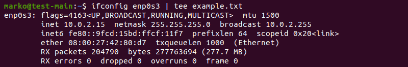 Writing the output from ifconfig to a file using the tee command