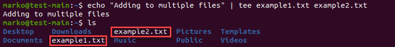 Adding the output of the echo command to two files using tee