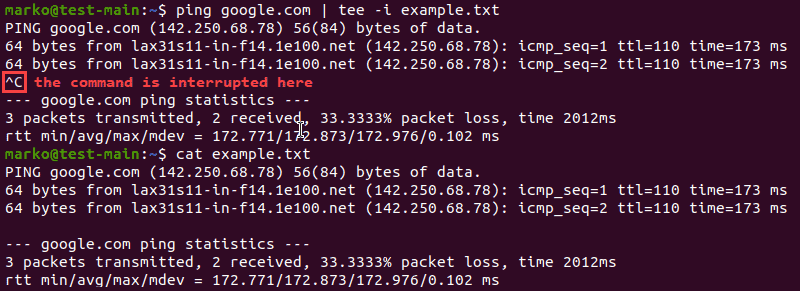 Successful completion of the tee command after the ping command is interrupted
