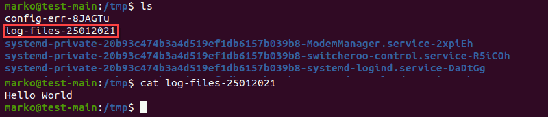 Confirming the successful creation of the log file and checking its contents