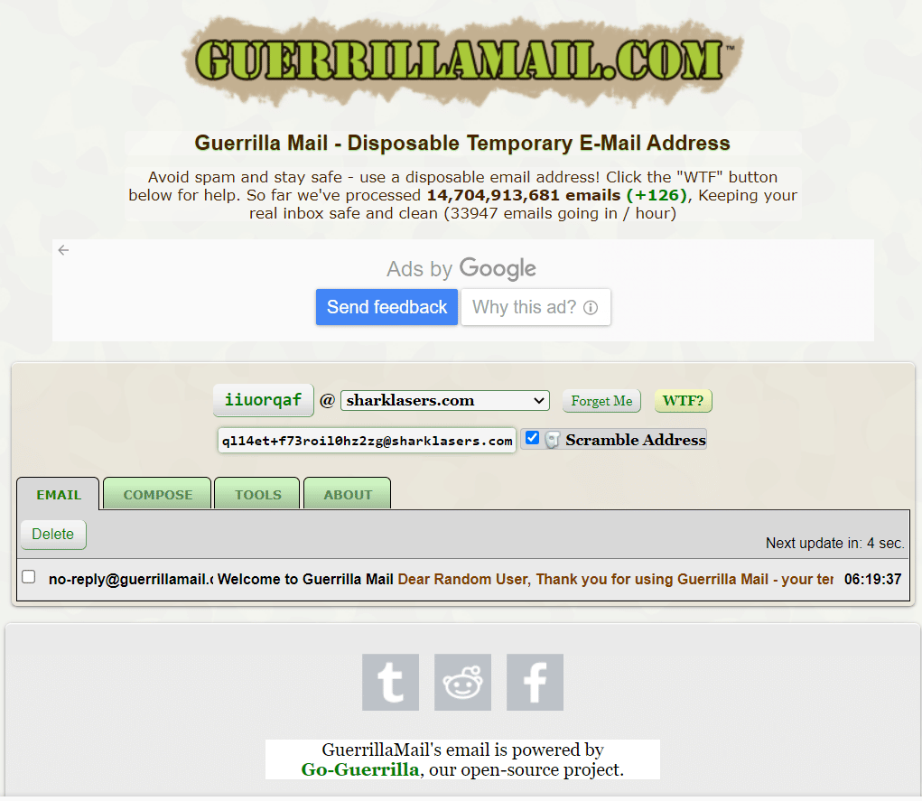 Homepage of GuerrillaMail