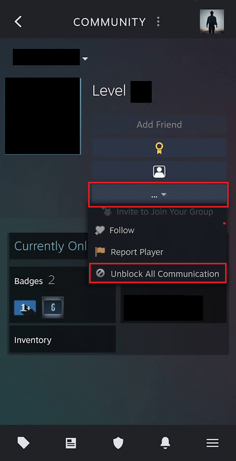 Tap on the three-dotted icon - Unblock All Communication option | How to Unblock Someone on Steam