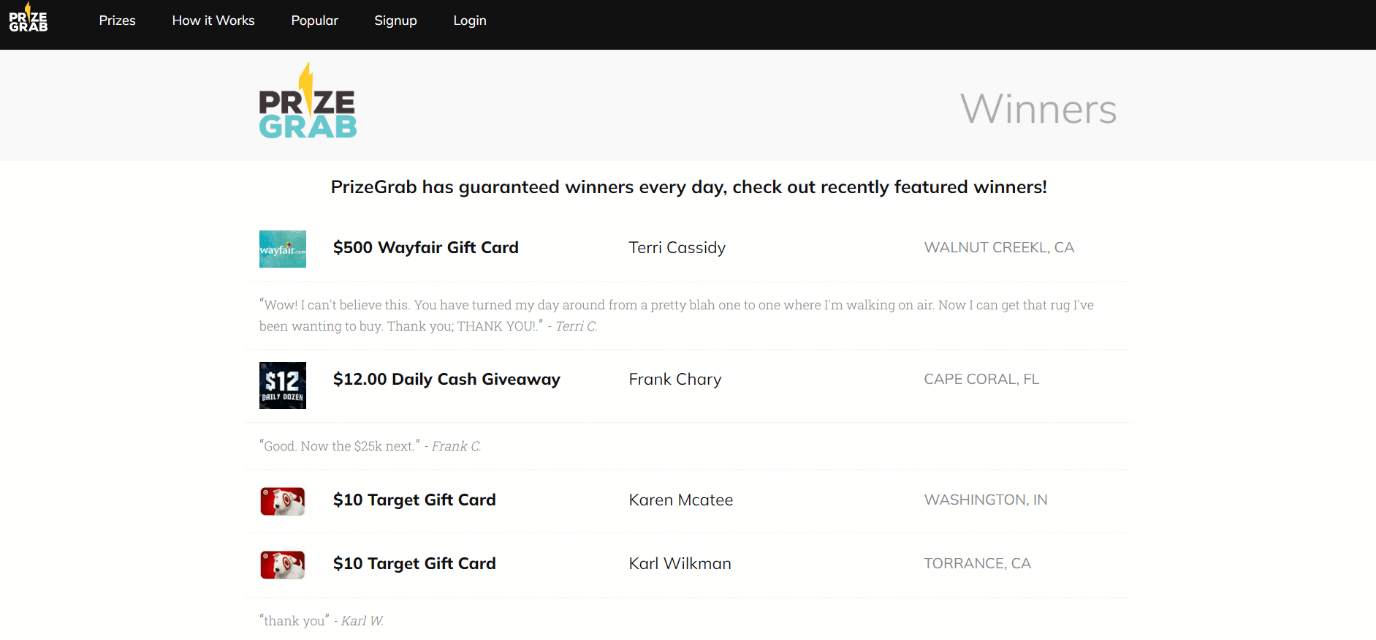 prizes on prizegrab